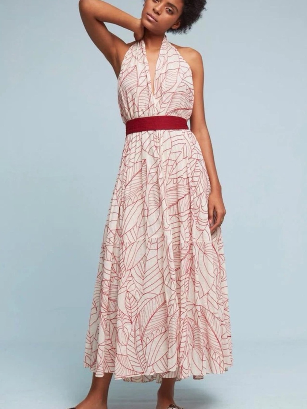 Lilka Embroidered Cotton Halter Belted Backless Maxi Dress